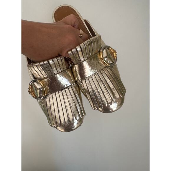 Tory Burch Multilogo Kiltie Fringe Metallic Gold Loafer Mule - US 5M - Picture 7 of 7